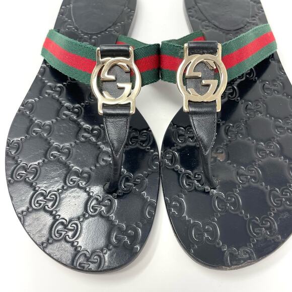 Gucci GG Web Stripe Thong Sandals Flip Flop Flat Slide Slip On Black EU 38 - Picture 4 of 12